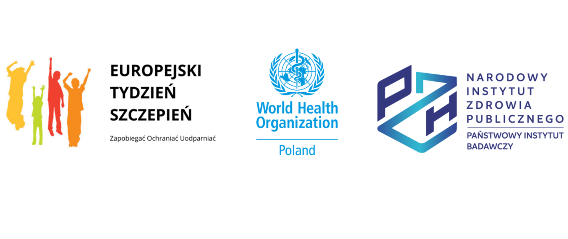 Logo akcji Europejski Tydzień Szczepień, Logo WHO, Logo Narodowego Instytutu Zdrowia Publicznego PZH