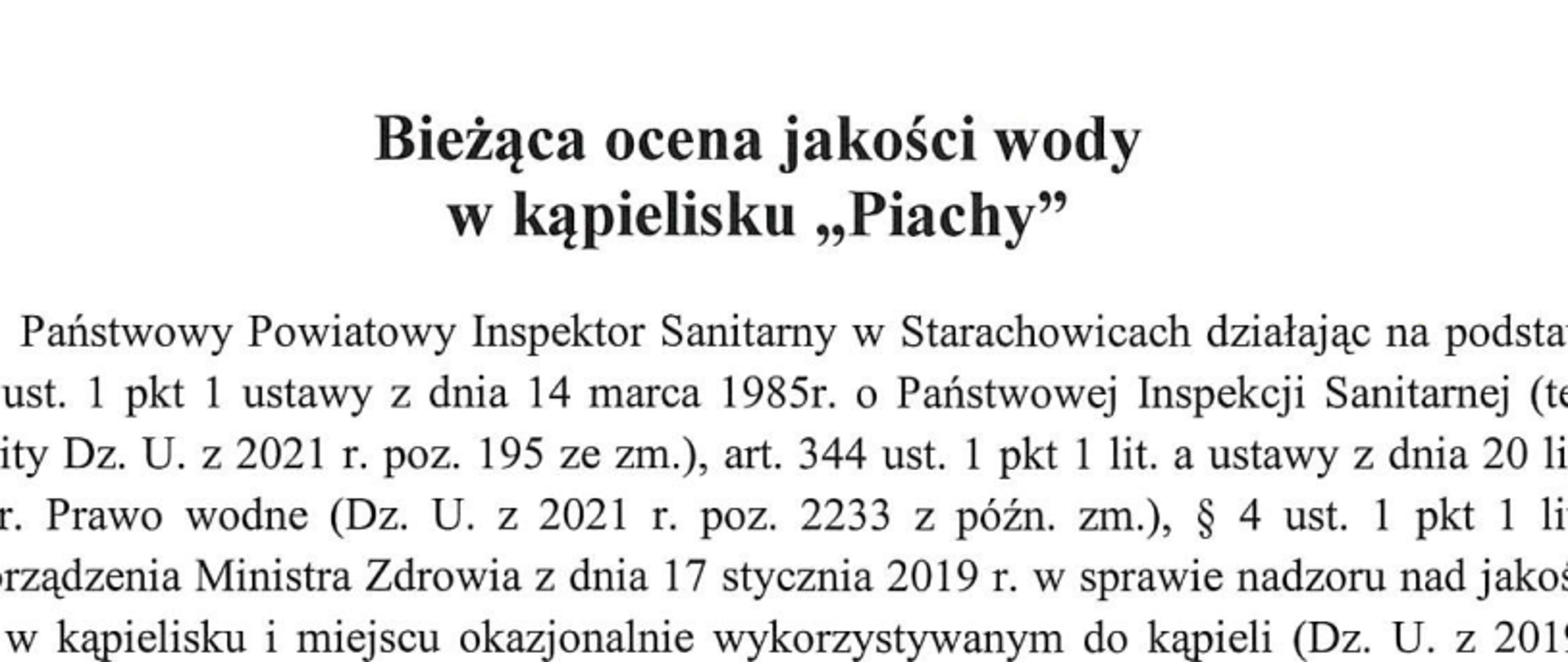 Bieżąca ocena jakości wody w kąpielisku PIACHY
