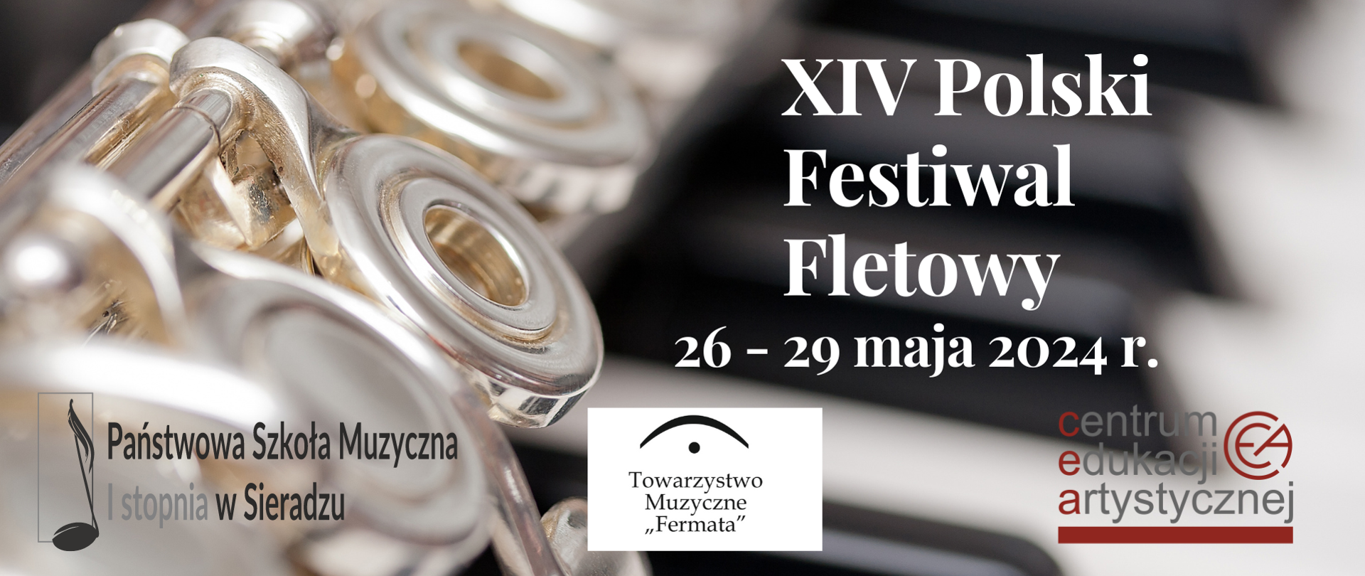 Po lewej stronie widać flet w zbliżeniu, obok widnieje napis XIV Polski Festiwal Fletowy 26-29 maja 2024 r.