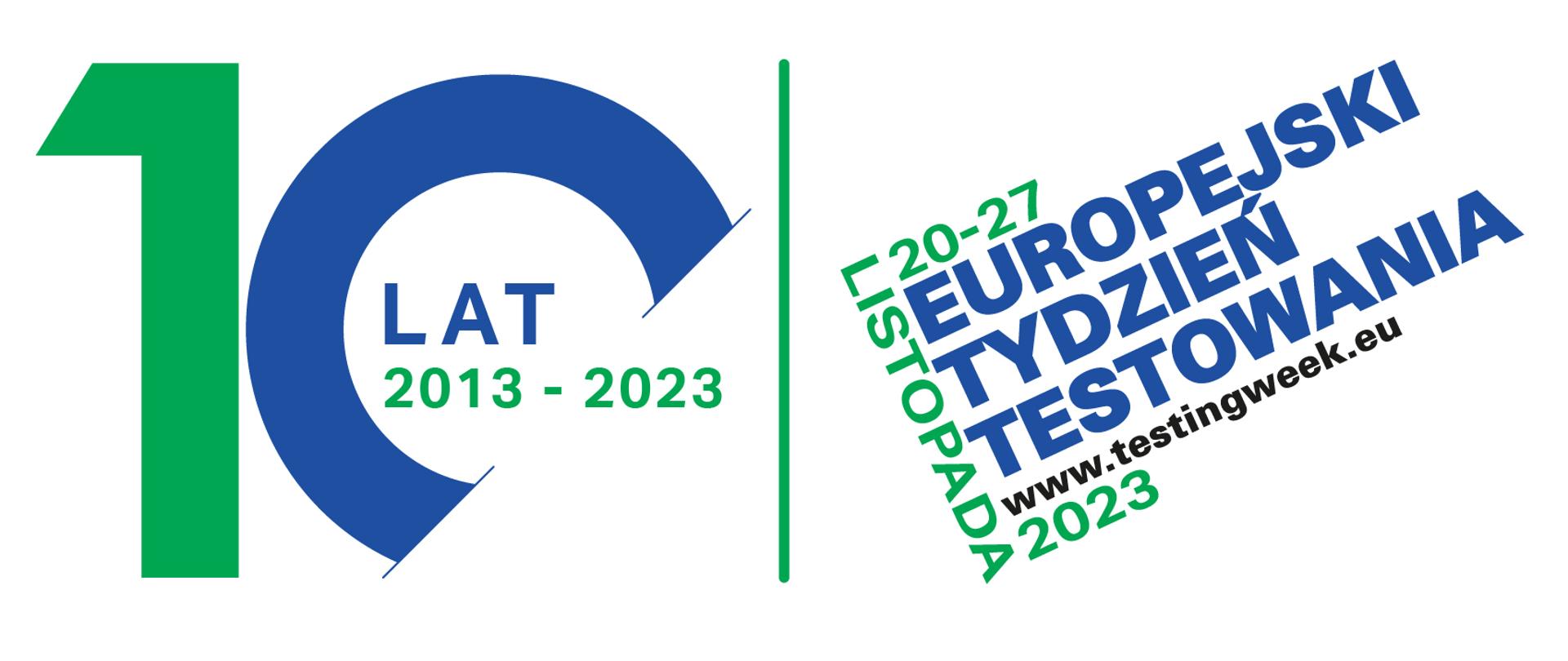 Na białym tle znajduje się niebiesko-zielony napis „Europejski Tydzień Testowania 20-27 listopada 2023” obok znajduje się informacja, że to już 10 – ta rocznica