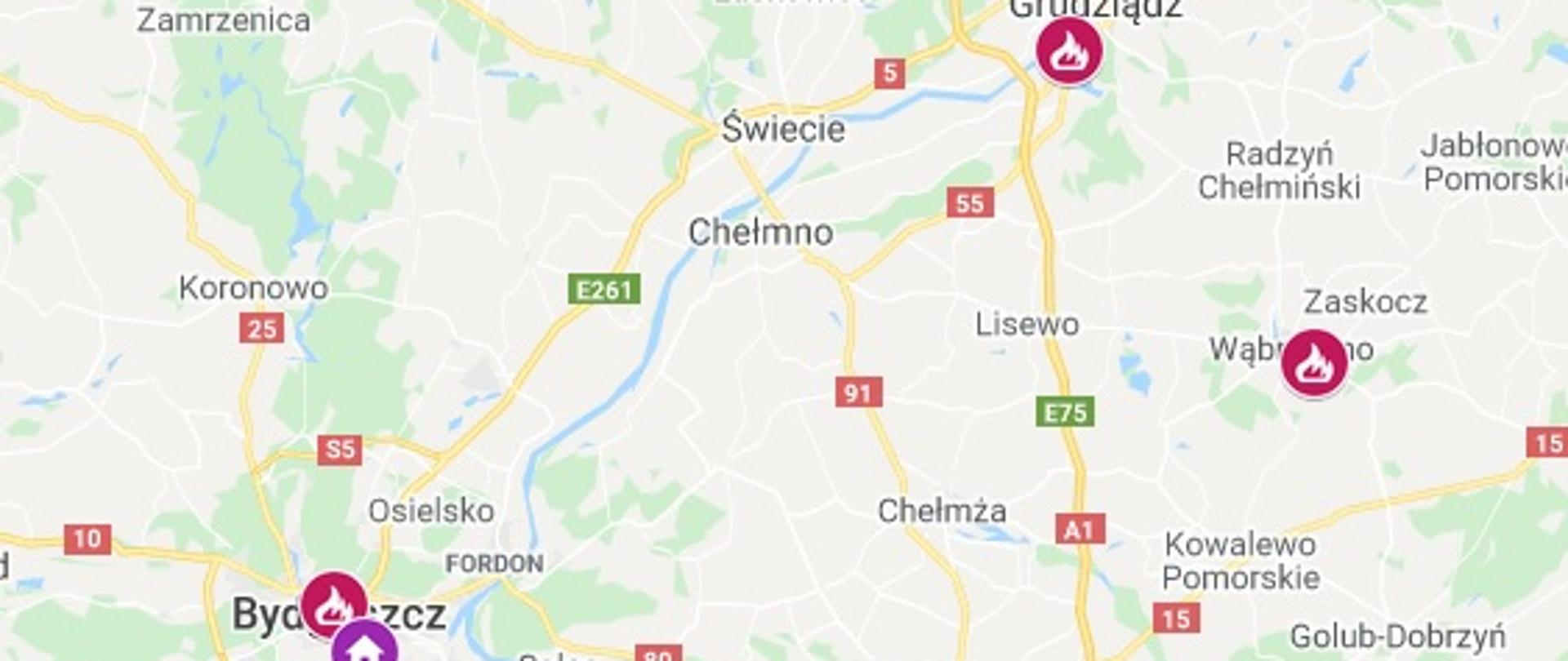 wycinek mapy z naniesionymi salami edukacyjnymi