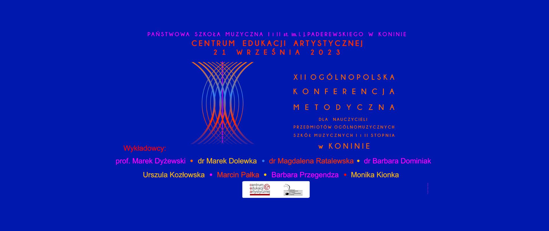 Na niebieskim tle szczegóły wydarzenia, nazwiska prowadzących, grafika przedstawiamąca fale dźwiękowe i logo CEA i PSM w Koninie