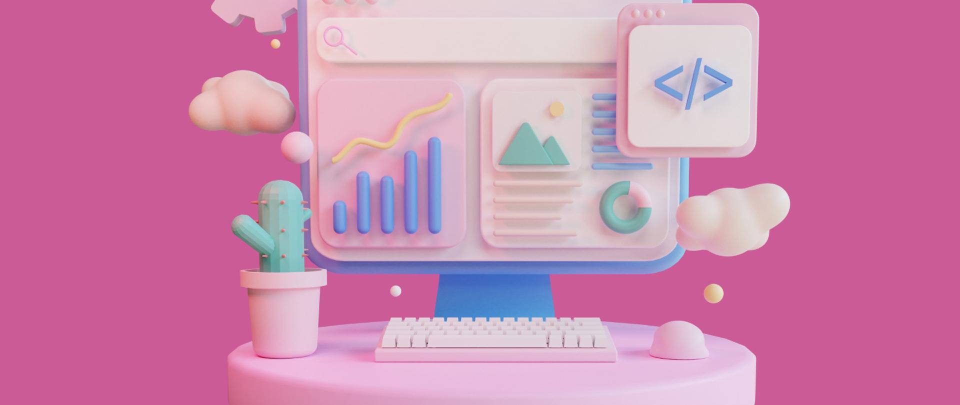 Grafika z różowym tłem. W centrum komputer na stoliku, obok stoi kaktus. Na ekranie monitora widać wykresy i wyszukiwarkę. Obok monitora widać chmurki. 