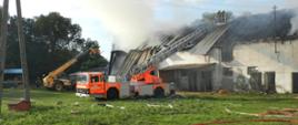 Zdjęcie przedstawia działania strażaków podczas pożaru stajni w miejscowości Ligota Wołczyńska. Na pierwszym planie widoczna drabina mechaniczna sprawiona przy budynku, w koszu którym pracują strażacy na wysokości dachu.