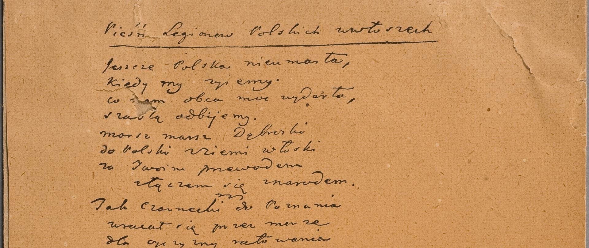 Faksymile rękopisu Pieśni Legionów Polskich we Włoszech fot. Muzeum Hymnu Narodowego w Będominie
