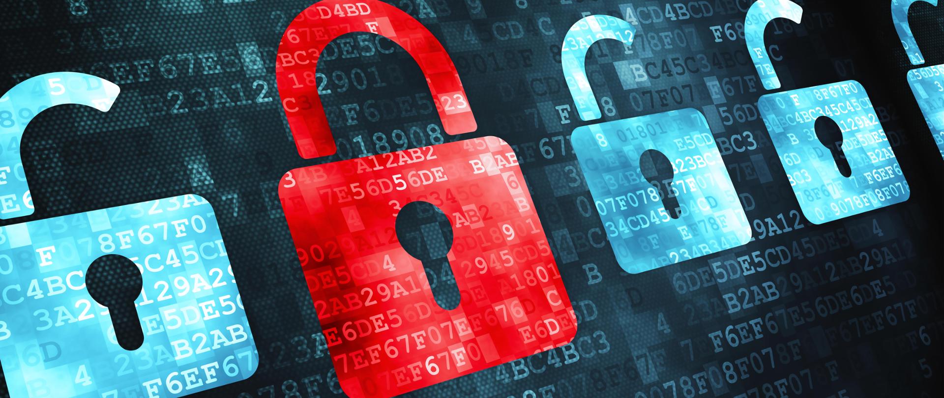 Pięć kłódek na tle liczb w tym jedna czerwona zamknięta