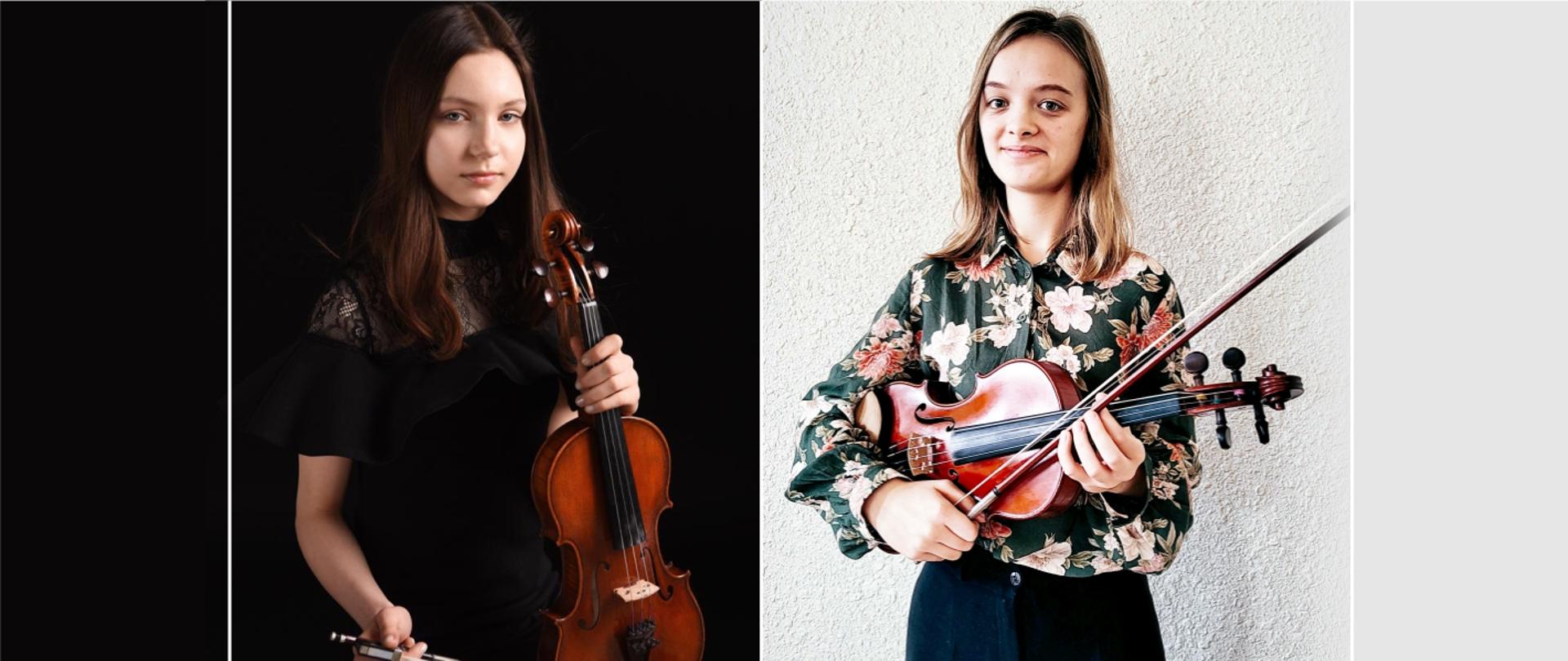 Grafika przedstawia dwa portrety skrzypaczek - uczennic ZPSM w Szczecinie