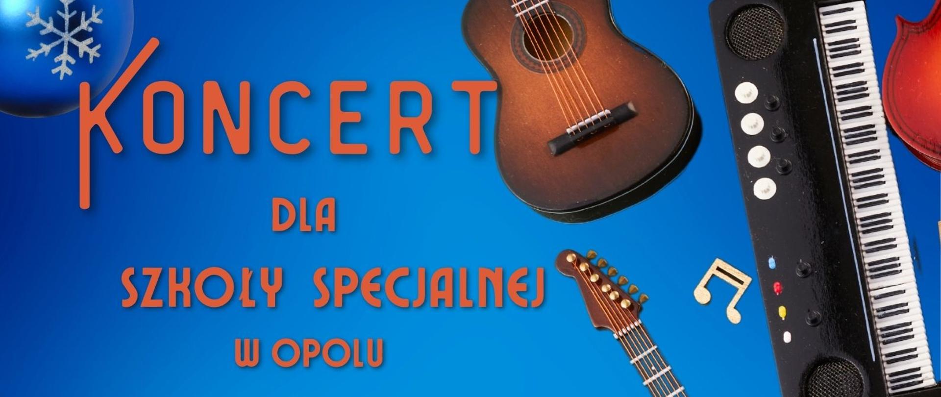 Plakat w niebieskiej kolorystyce zapowiadający koncert dla Szkoły Specjalnej w Opolu. Na tle granatowo-niebieskiego gradientu widoczne są instrumenty muzyczne: gitary akustyczne i elektryczne, skrzypce, keyboard oraz akordeon, rozmieszczone po bokach plakatu. Dekorację stanowią świąteczne bombki oraz świetlne girlandy. Centralnie umieszczony tekst informuje o wydarzeniu. Na dole plakatu podano miejsce Koncertu