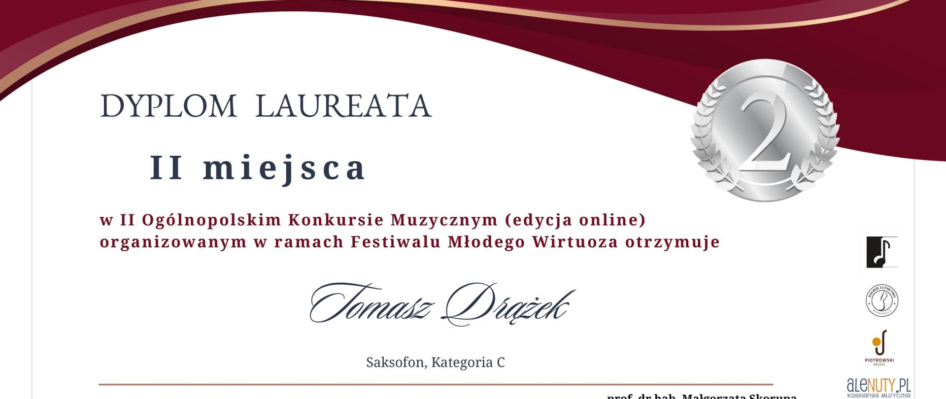 Dyplom Tomasza Drążka w II Ogólnopolskim Konkursie Muzycznym