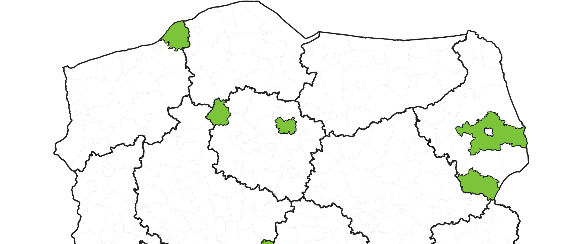 Ilustracja przedstawia mapę powiatów, dla których uzgodniono bądź nie uzgodniono zmiany granic obrębów ewidencyjnych.