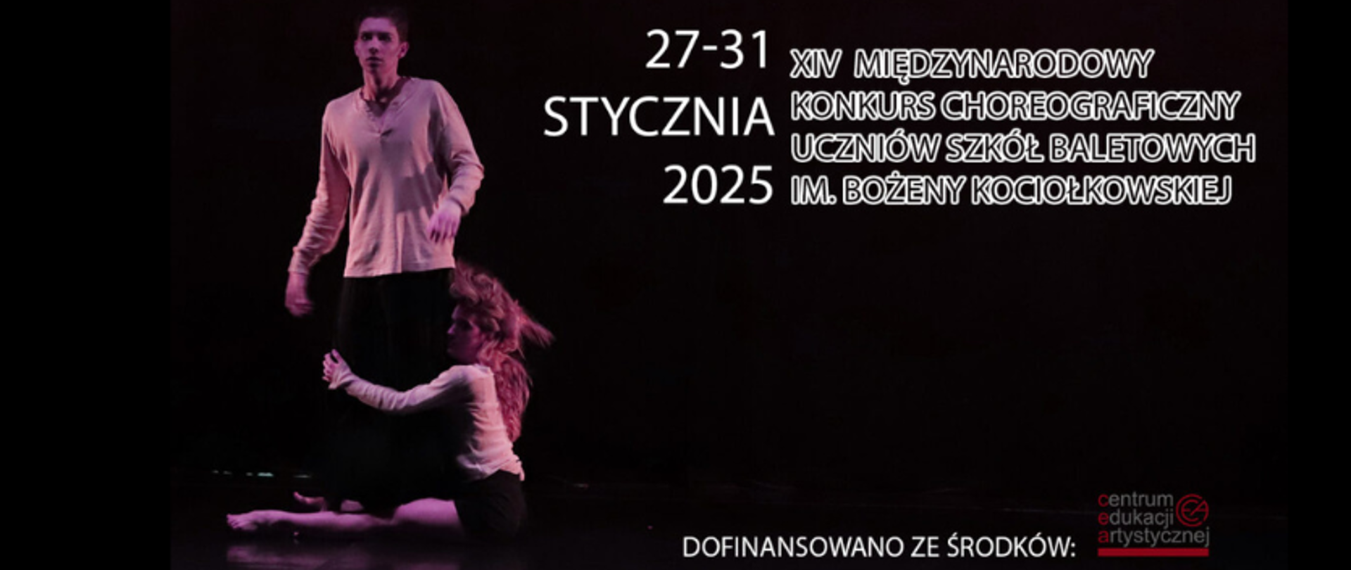 zdjęcie: na czarnym tle zdjęcie pary tancerzy na scenie - chłopak stoi na scenie a na ziemi siedzi dziewczyna przytulona do jego nóg. Obok napis z nazwą i datą międzynarodowego konkursu choreograficznego w Bytomiu 2025.