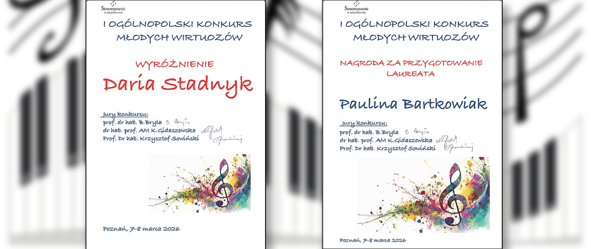 Skany dwóch dyplomów na tle grafiki przedstawiającej klawiaturę fortepianu.