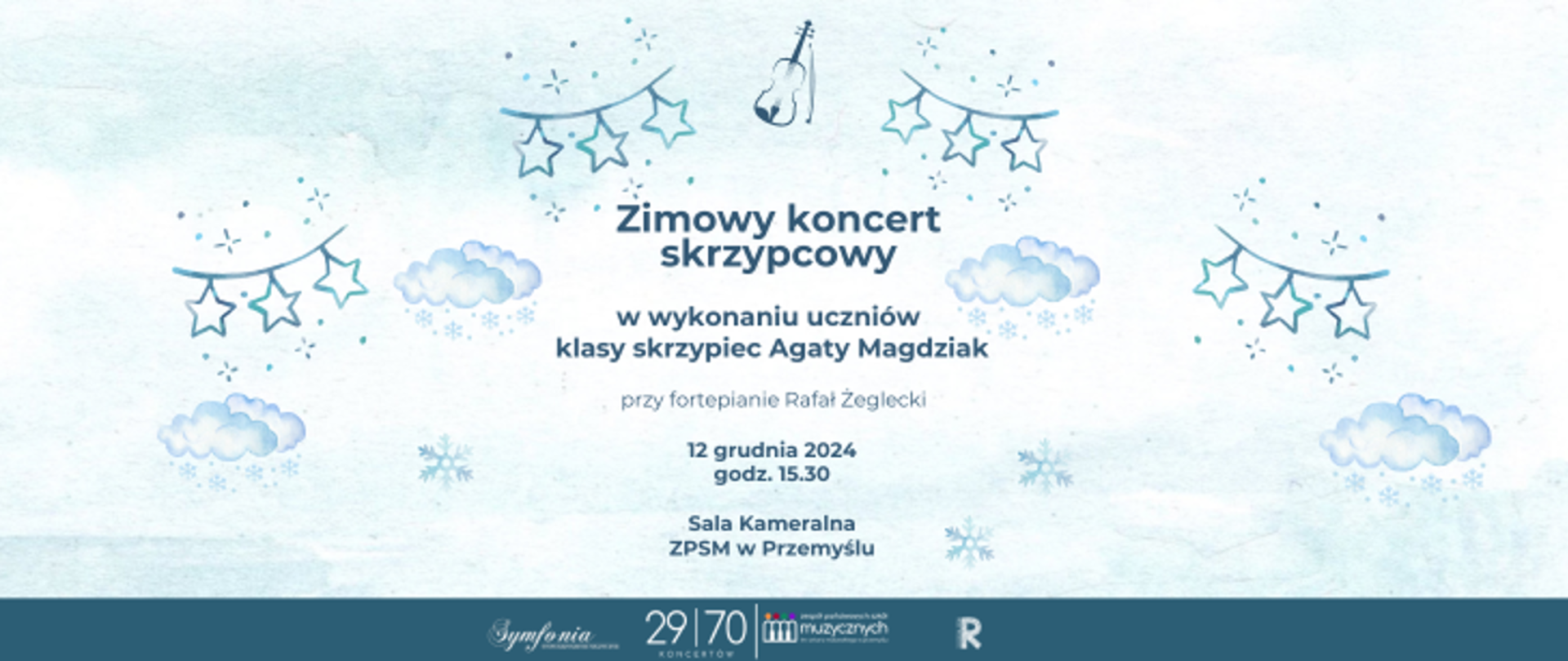 Grafika informacyjna o koncercie 29 z 70. Tytuł koncertu Zimowy koncert skrzypcowy, w wykonaniu uczniów klasy skrzypiec Agaty Magdziak. 12 grudnia, 15:30, Sala Kameralna ZPSM w Przemyślu