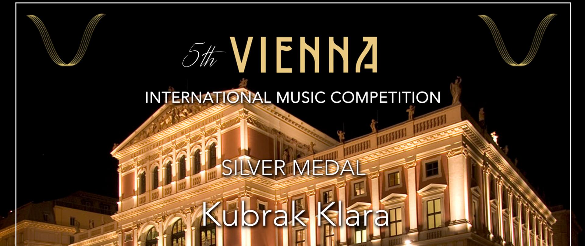 Dyplom Klary Kubrak za zdobycie srebrnego medalu podczas V Międzynarodowego Konkursu Muzycznego w Wiedniu.