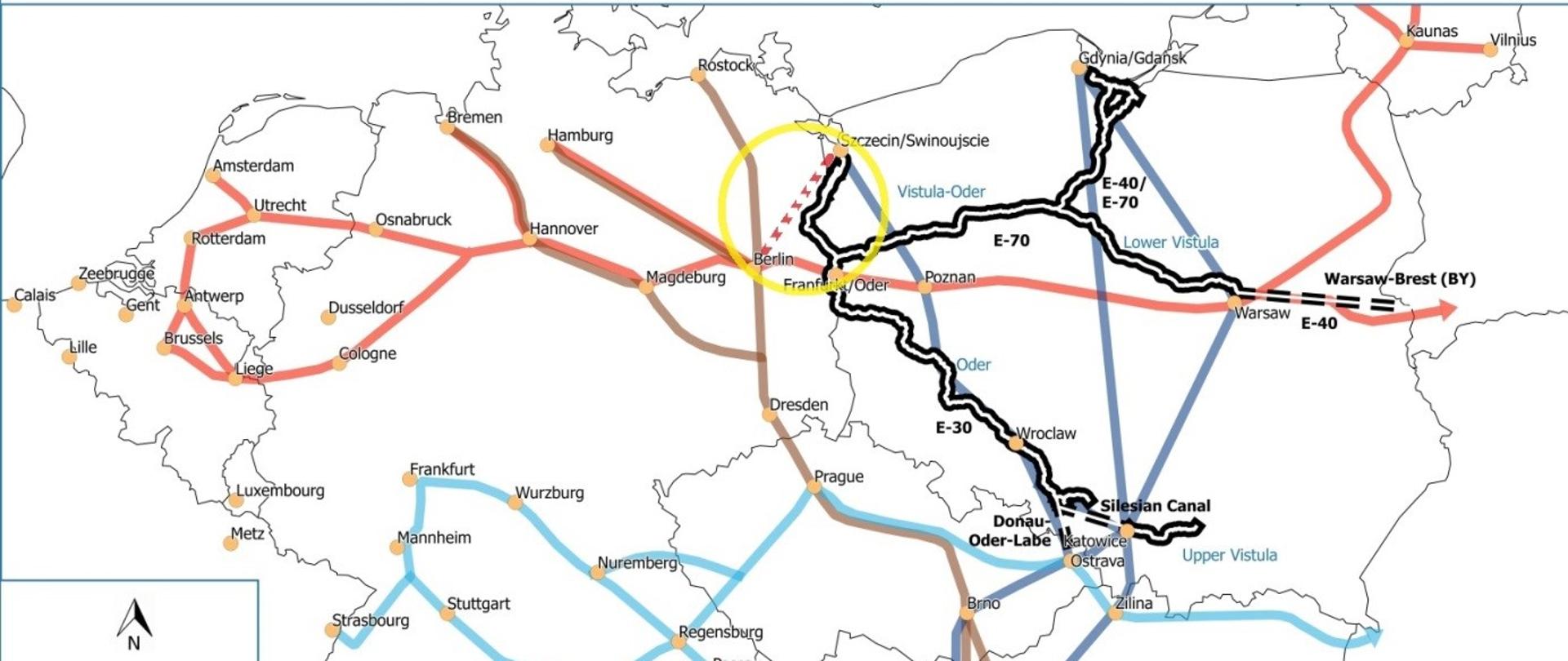 Mapa poglądowa śródlądowych dróg wodnych - Polska na tle Europy
