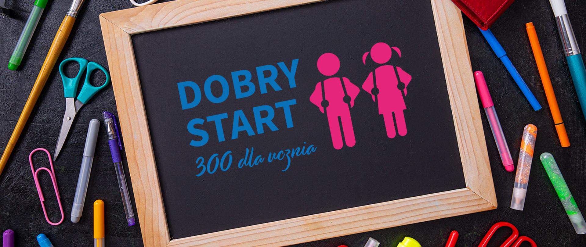 Grafika przedstawiająca przybory szkolne i małą tablicę z logo programu Dobry Start