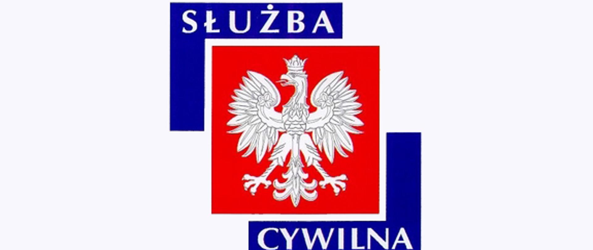 na czerwonym tle biały orzeł w koronie u góry na niebieskim tle napis Służba i na dole na niebieskim tle napis Cywilna