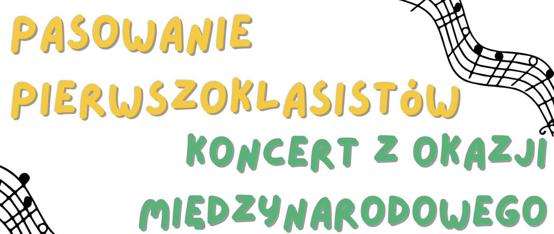 Zawartość, jak w treści. Grafiki pięciolinii z nutami, drzwi wejściowe i zmierzające do nich dzieci..