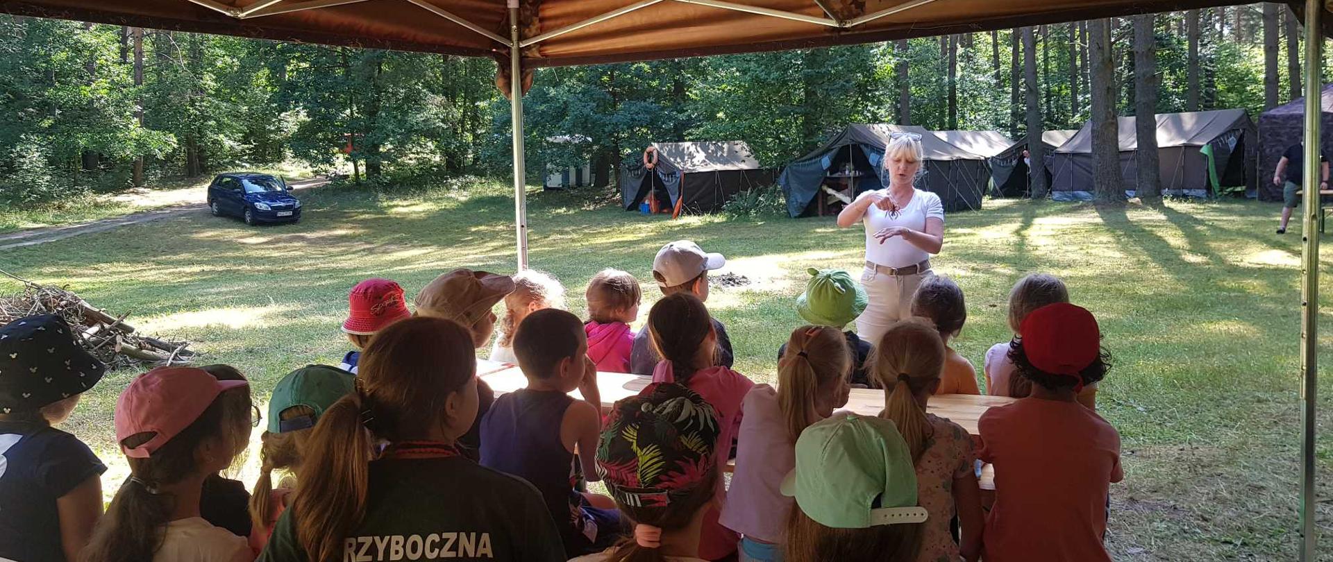 na zdjęciu pracownik Stacji PSSE w lesie na obozie harcerskim przedstawia dzieciom zagrożenia występujące latem