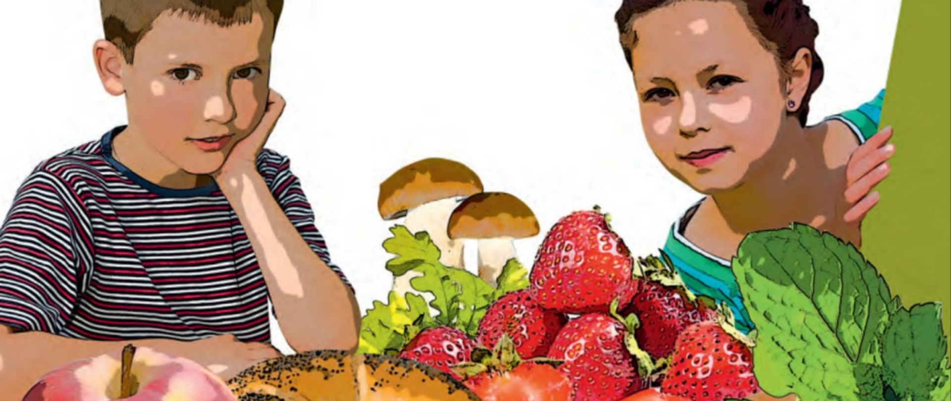 Komiksowa ilustracja przedstawiająca dwoje dzieci, między którymi ułożone są owoce, leśne grzyby i pieczywo