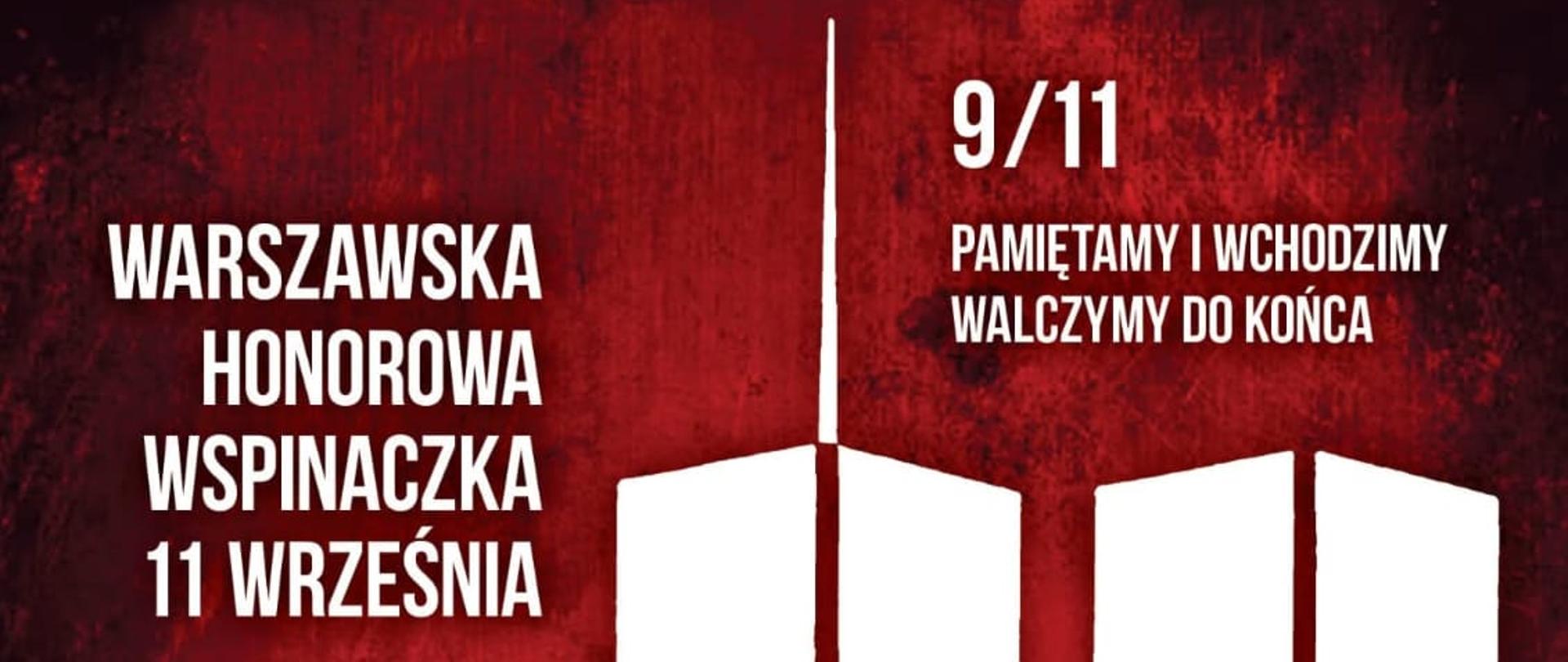 Plakat promujący wydarzenie Honorowa Wspinaczka 11 września 2025 w budynku Skyliner. Na zdjęciu dwa budynki w kolorze białym na czerwonym tle.