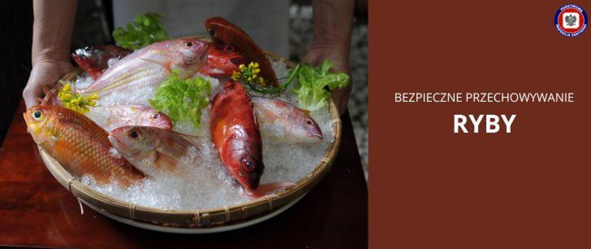 Po lewej na mahoniowym blacie leży miska wypełniona lodem i surowymi rybami i liśćmi sałaty. Po prawej na brązowym tle jasny napis "Bezpieczne przechowywanie. Ryby". W prawym górnym rogu logo Państwowej Inspekcji Sanitarnej.