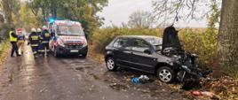 Wypadek koło Karmina. Samochód na prostym odcinku drogi uderzył w drzewo. Ma rozbity przód. za Pojazdem stoi karetka a obok niej są strażacy.