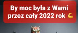 Zdjęcie przedstawia biały napis "By moc była z Wami przez cały 2022 rok" na czerwonym tle.