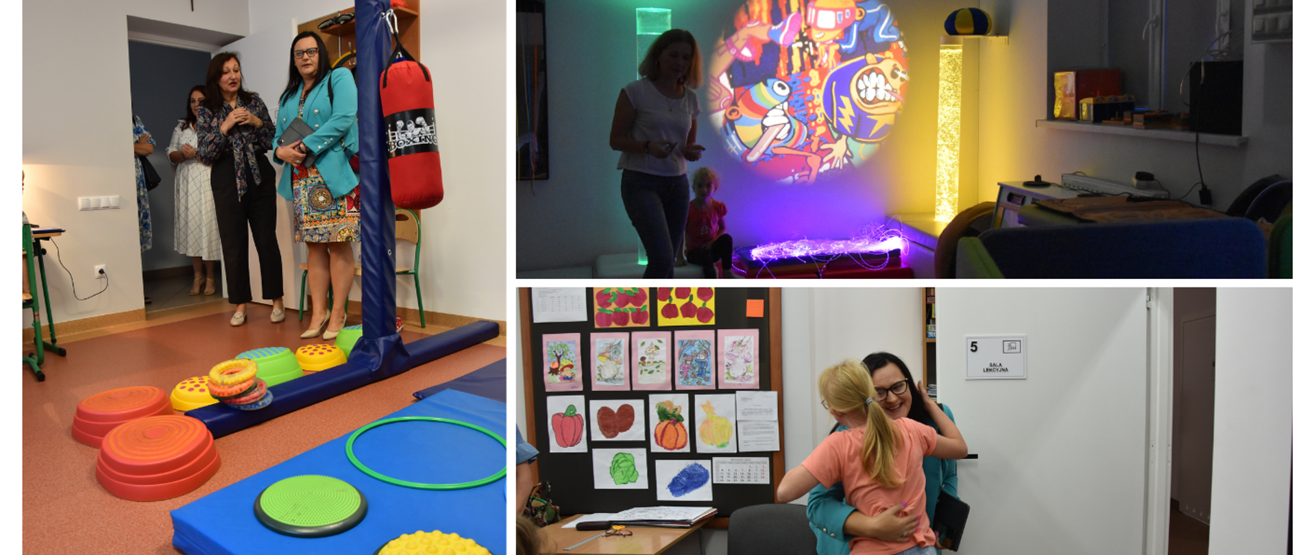 Kolaż trzech zdjęć, na których wiceminister Małgorzata Jarosińska-Jedynak zwiedza pomieszczenia w szkole