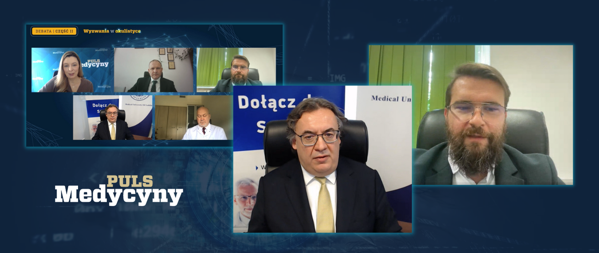 Ilustracja zawiera zrzuty ekranu z internetowej debaty zorganizowanej przez "Puls Medycyny". Na pierwszym z nich widoczni są wszyscy uczestnicy, na drugim Paweł Pławiak, zastępca dyrektora Instytutu Łączności, a na trzecim Robert Rejdak z Uniwersytetu Medycznego w Lublinie.