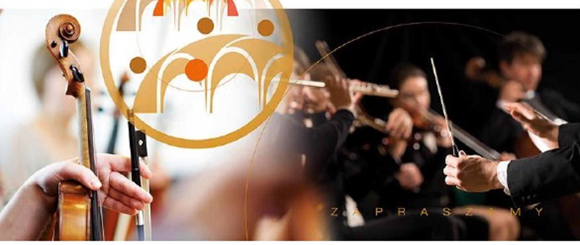 Zdjęcie przedstawia informację o naborze do szkoły na rok szkolny 2021/2022. Informuje o dacie oraz godzinie naboru oraz dostępnych instrumentach. W prawym dolnym rogu zdjęcia ręka dyrygenta z batutą w tle orkiestra, w lewym dolnym rogu ręka trzymająca skrzypce wraz z smyczkiem.