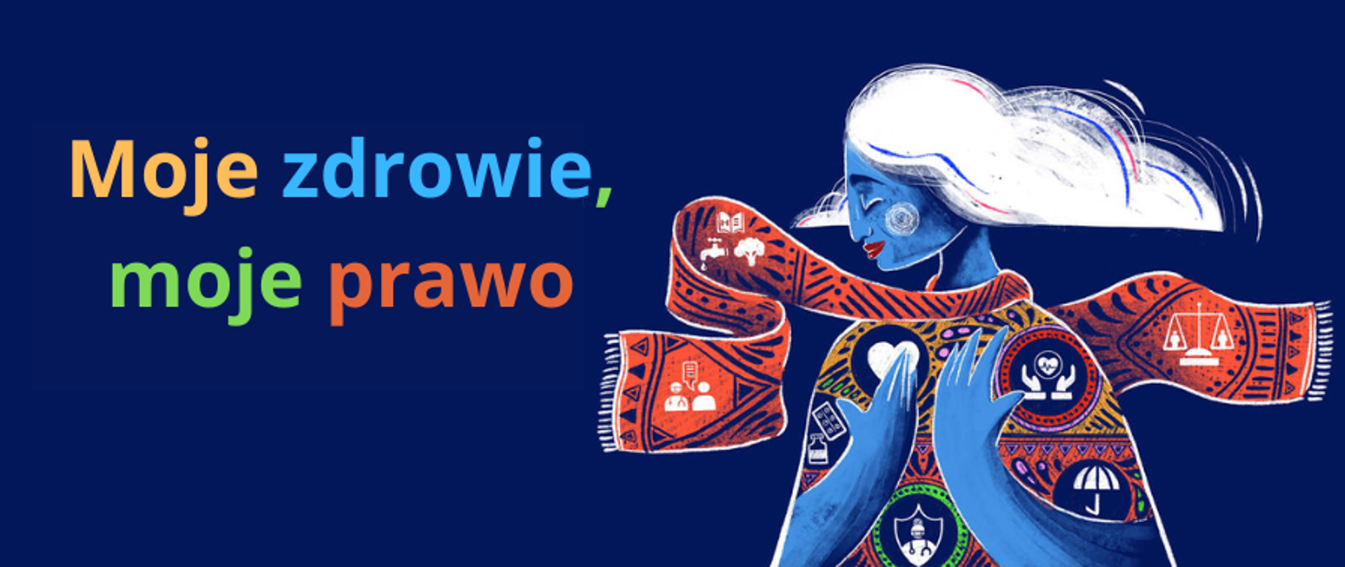 Postać białowłosej kobiety w czerwonym szaliku, trzyma ręce na piersi