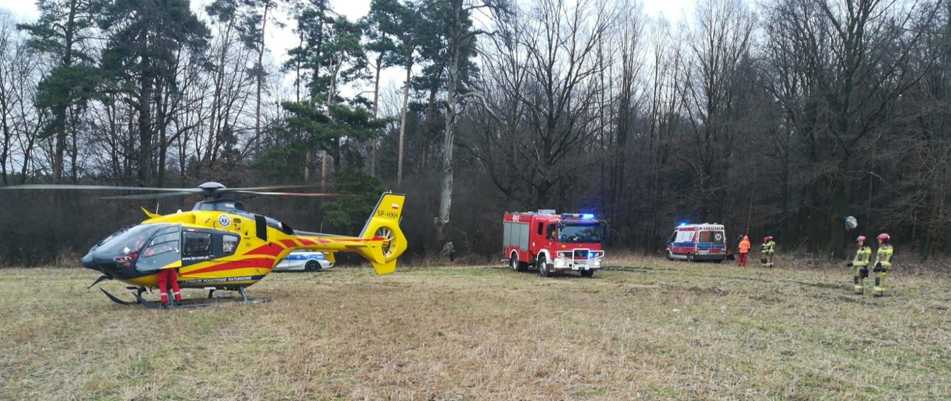 Na zdjęciu znajduje się śmigłowiec LPR, karetka, straż i radiowóz oraz strażacy na tle lasu