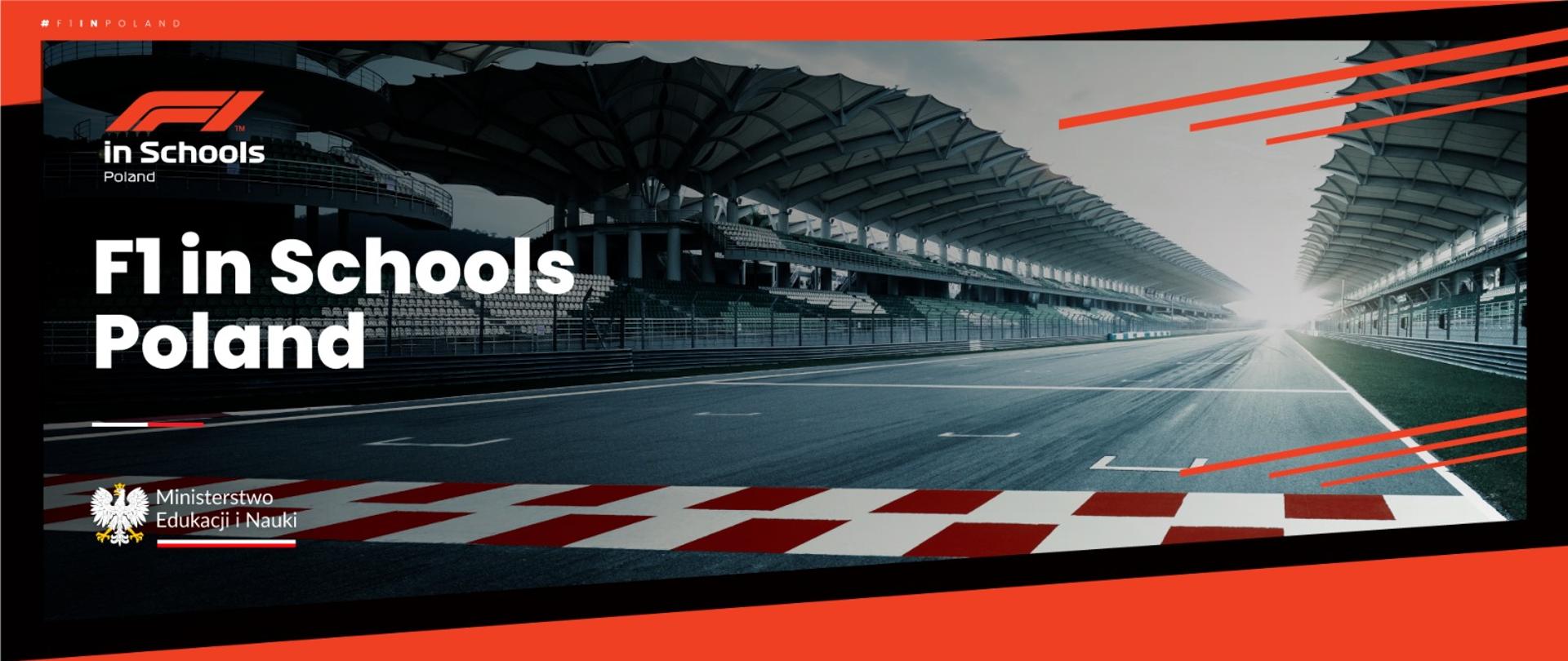 Widok toru wyścigowego i napis: F1 in Schools Poland