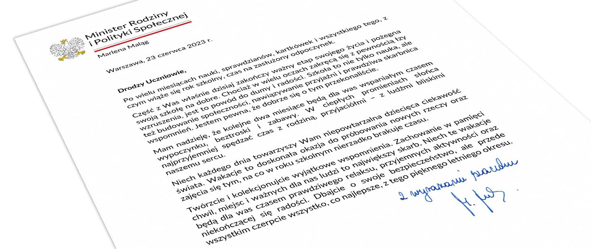 List Minister Marleny Maląg do uczniów, z okazji zakończenia roku szkolnego i początku wakacji