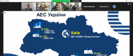 
Zrzut ekranu ze spotkania polsko-ukraińskiego ws. elektrowni jądrowej w Rivne. Mapa Ukrainy z napisami cyrylicą, u góry obrazka cztery zdjęcia z wizerunkami uczestników.