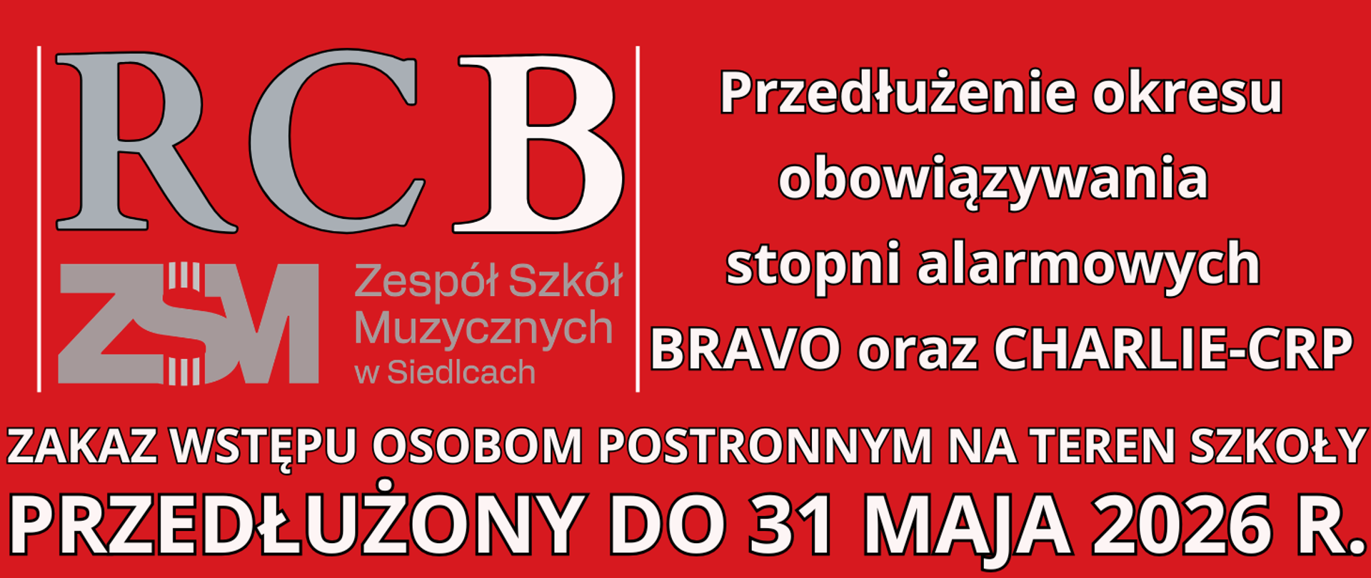 czerwone tło z białymi literami informującymi o alarmie RCB