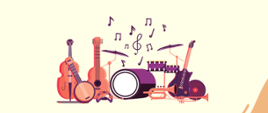 Plakat z informacją o terminie badania predyspozycji kandydatów na pomarańczowym tle z grafiką instrumentów