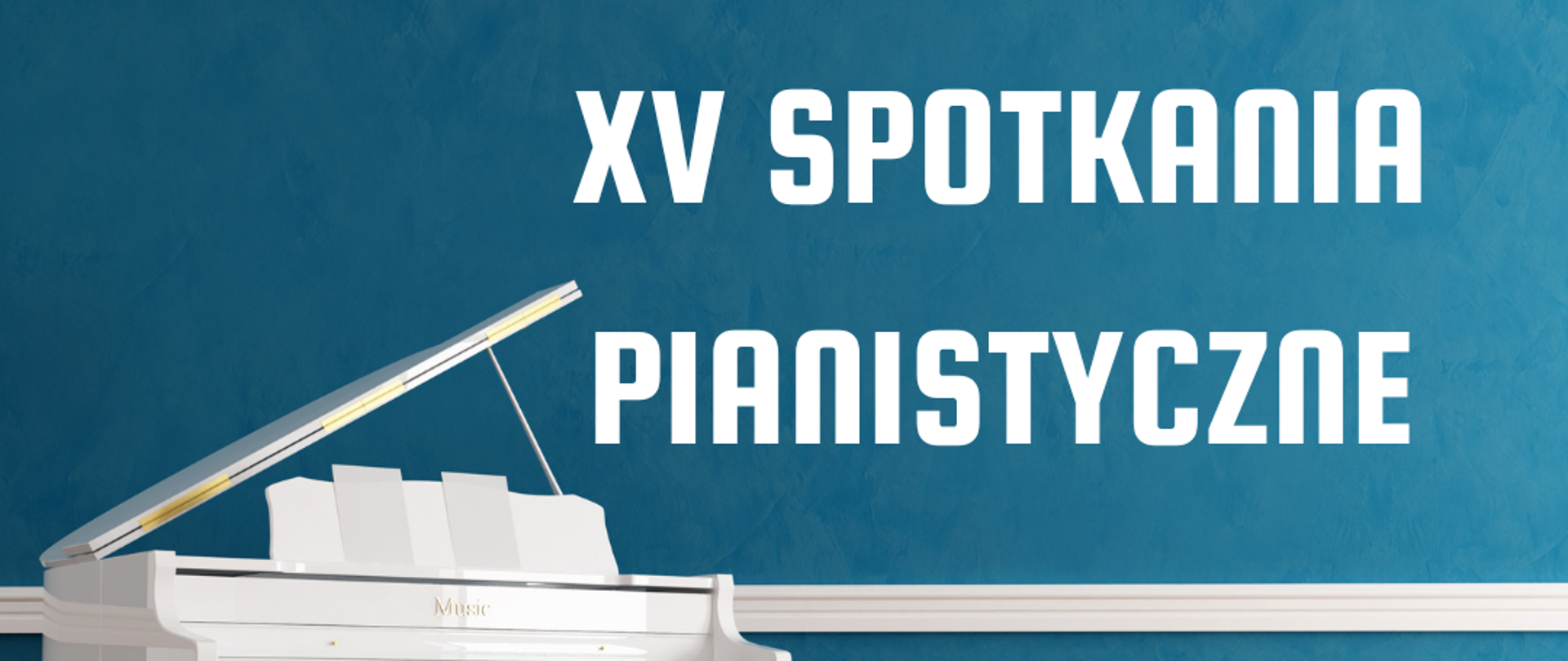 Plakat. W pomieszczeniu. Na tle zielonej ściany, na podłodze wyłożonej jasnym drewnianym parkietem stoi klawiaturą do przodu, biały fortepian z otwartą klapą. Przed fortepianem stoi zielona ława do fortepianu na białych nóżkach. Na plakacie na tle ściany znajdują się również informacje o XV Spotkaniach Pianistycznych "Z tańcem przez świat".