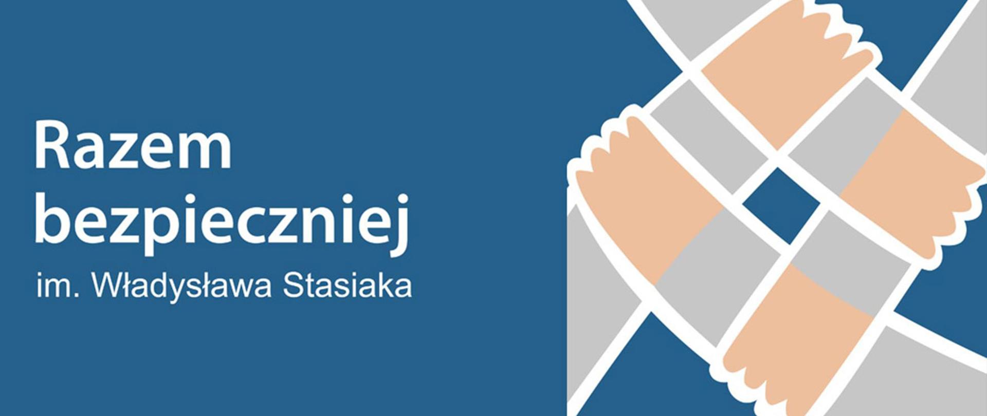 niebieska tablica, na niej splecione dłonie i napis Razem bezpieczniej