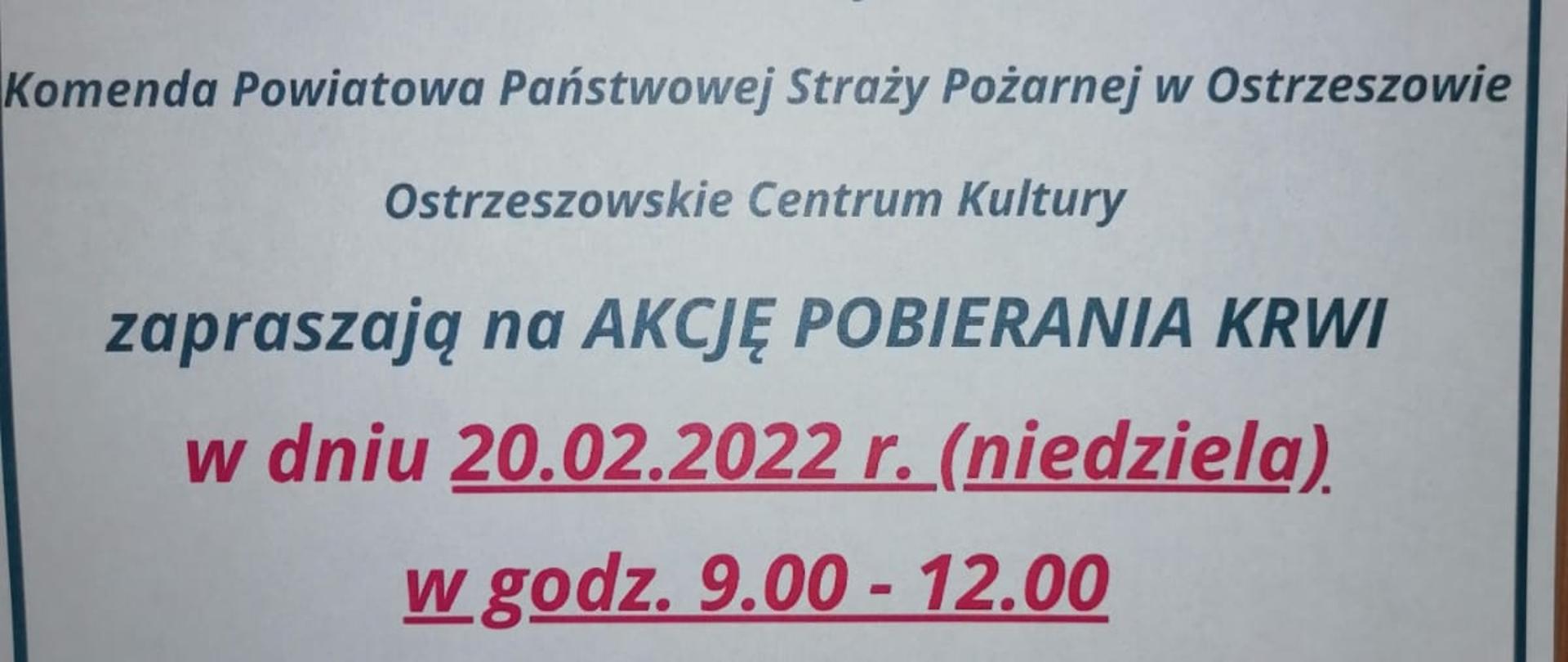 Zdjęcie przedstawia informację o zbiórce krwi organizowaną przez KP PSP Ostrzeszów.