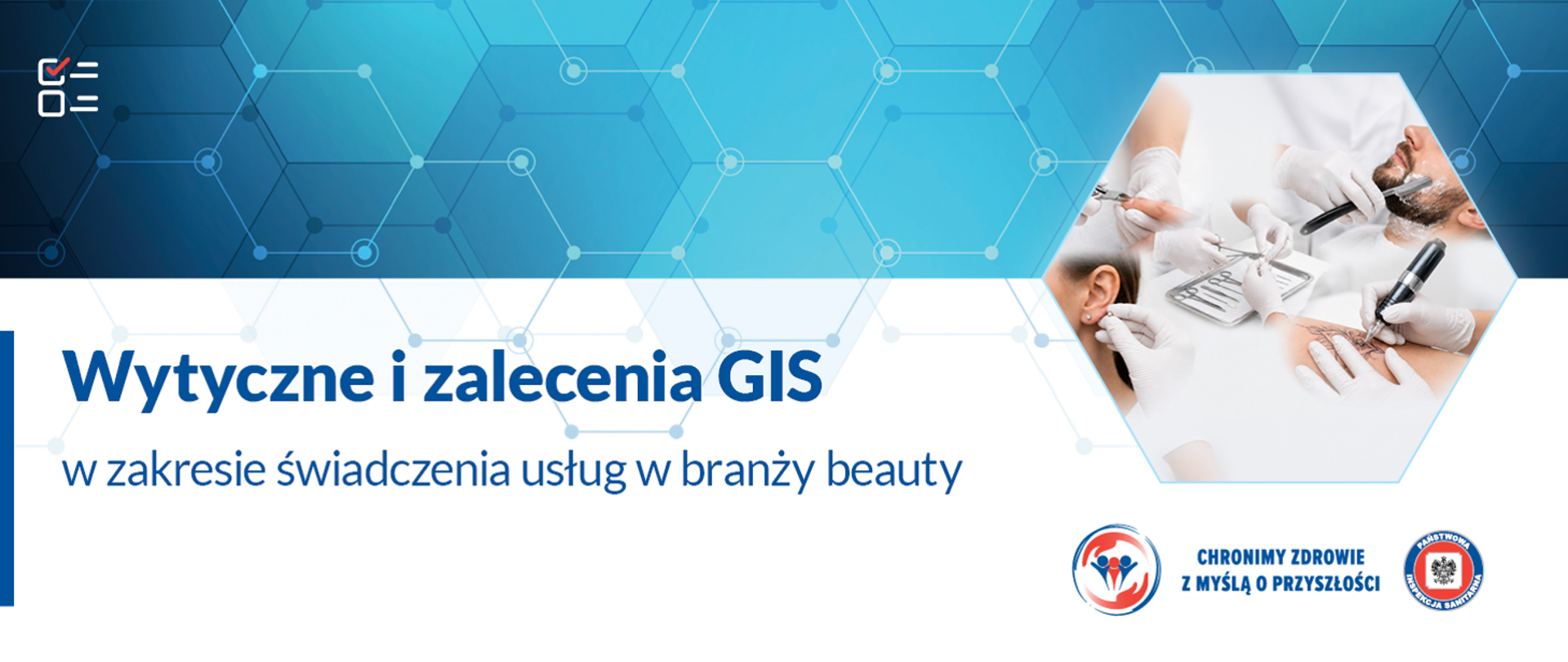 Niebieskie tło z grafiką ukazującą tatuatora, barbera oraz innych pracowników branży beauty, pod spodem logo sanepidu