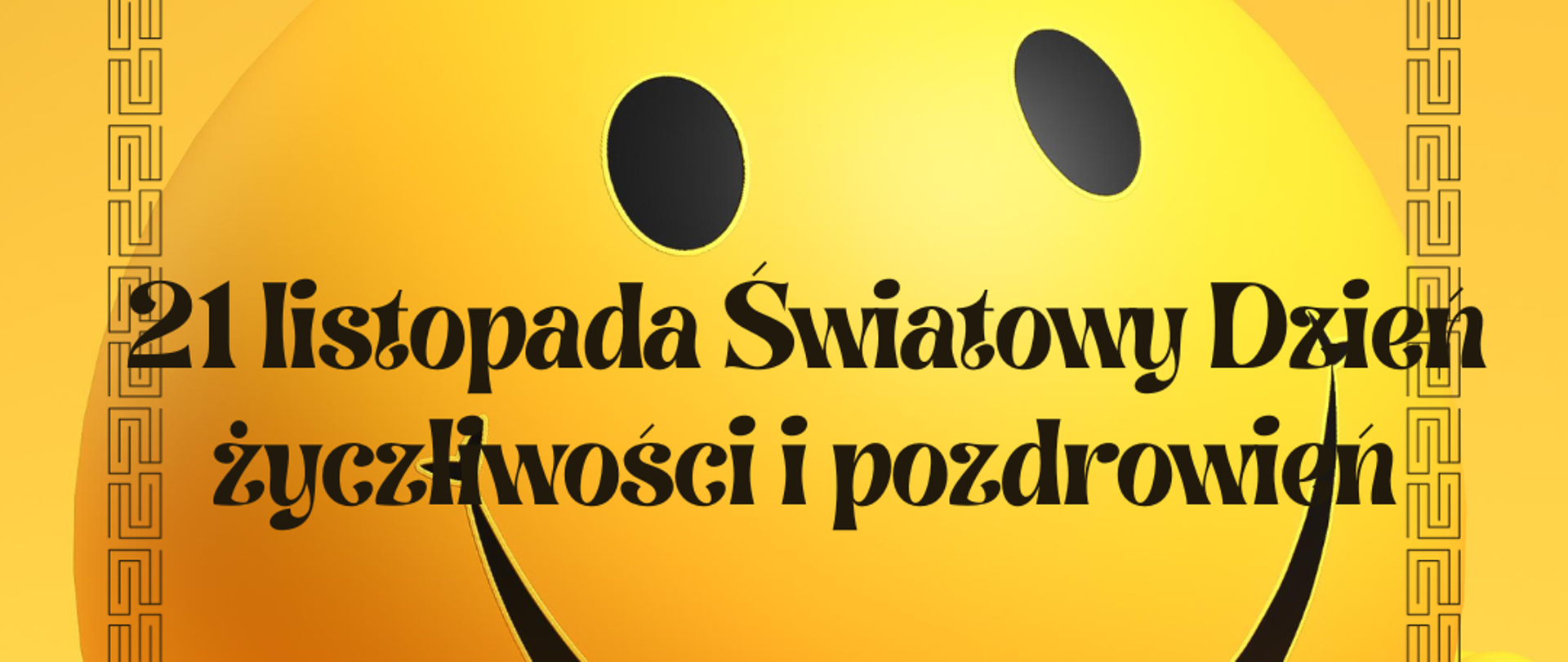 Na żółtym tle piłeczka z buźką i czarnym napisem.