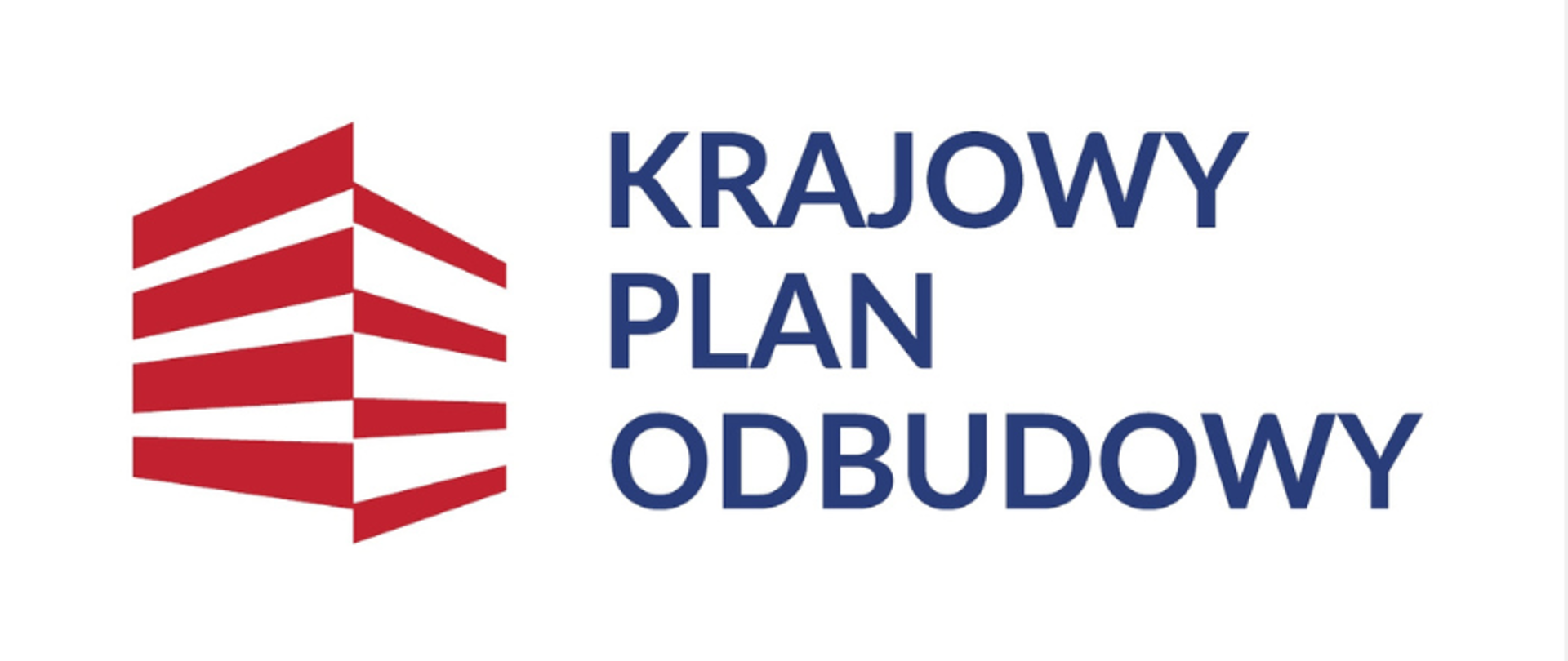Logo Krajowego Planu Odbudowy – po lewej czerwony, geometryczny symbol przypominający stylizowany budynek, po prawej granatowy napis: „KRAJOWY PLAN ODBUDOWY” na jasnym tle.
