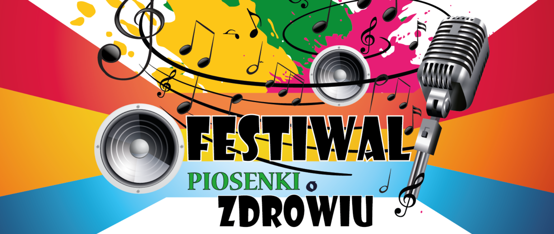 Plakat z napisem: Festiwal piosenki o zdrowiu. W tle kolorowe linie, czarna pięciolinia i czarne nuty