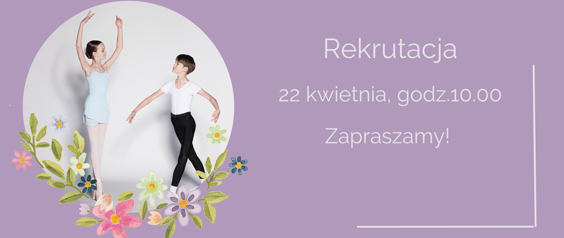 Plakat z okazji rekrutacji. Po lewej stronie zdjęcie przedstawiające dwóch uczniów, po prawej stronie napis informujący o rekrutacji 22 kwietnia 2023r.