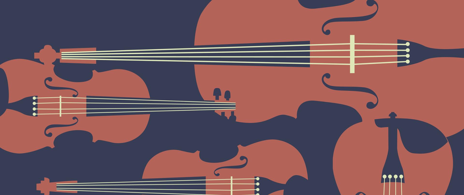 w górnej części informacja o warsztatach z lutnikiem Adamem Skubiszem, w dolnej części grafika przedstawiająca instrumenty smyczkowe, całośc zamieszczona na granatowym tle