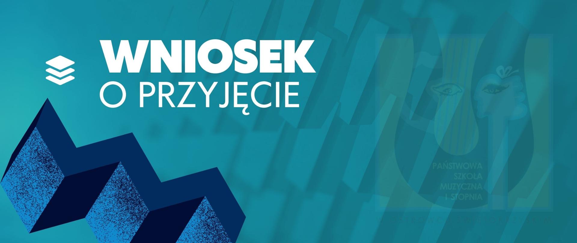 wniosek o przyjęcie - panorama, w kolorze różowo-fioletowym z logo szkoły w kolorze żółto-brązowym