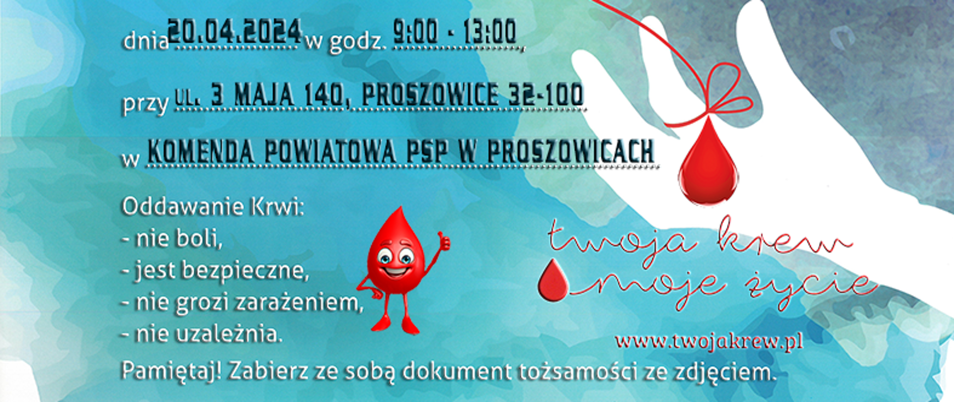 Plakat przedstawiający akcje krwiodawstwa w KP PSP w Proszowicach