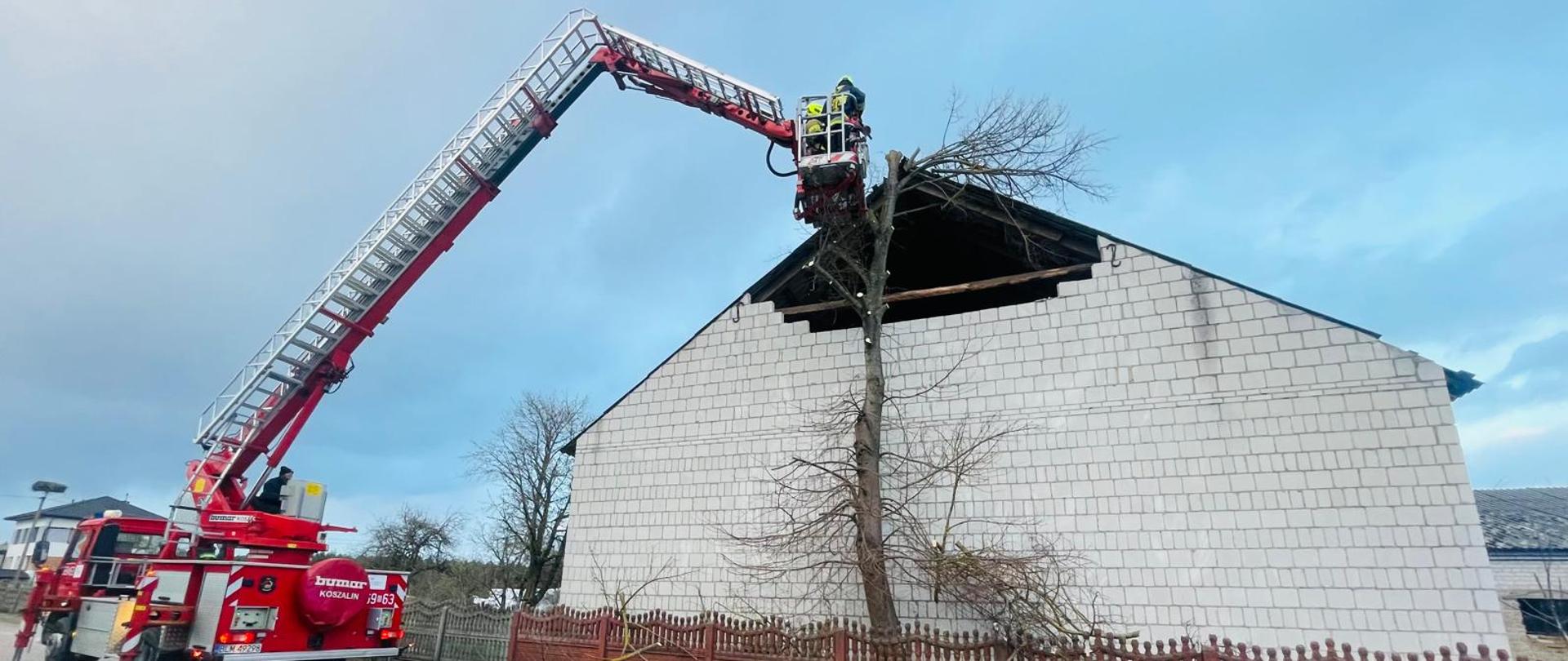 Strażacy znajdującym się w koszu podnośnika strażackiego wykonują prace zabezpieczające uszkodzony szczyt budynku gospodarczego. Zdjęcie panoramiczne obiektu gospodarczego oraz podnośnika z wysięgnikiem podczas prowadzonych prac. 